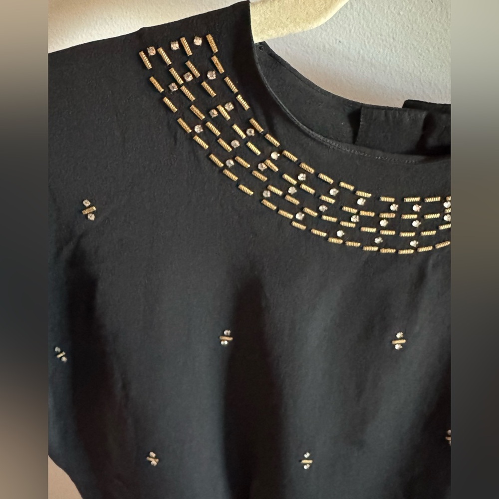 Vintage 1940’s - 50’s Silky Black Bias Cut Short Sleeve Blouse w Rhinestones MED - Picture 5 of 10